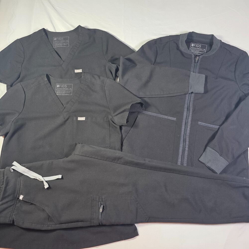 FIGS Womens XS Scrubs Lot 4 Pc 2 Tops Pants Slim Jogger Jacket Black